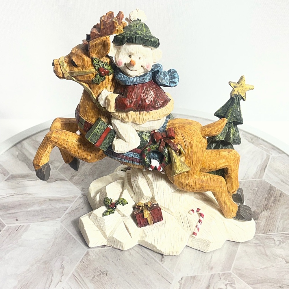 Hero Gift Snowman Riding Reindeer Christmas Figurine Folk Art Decor